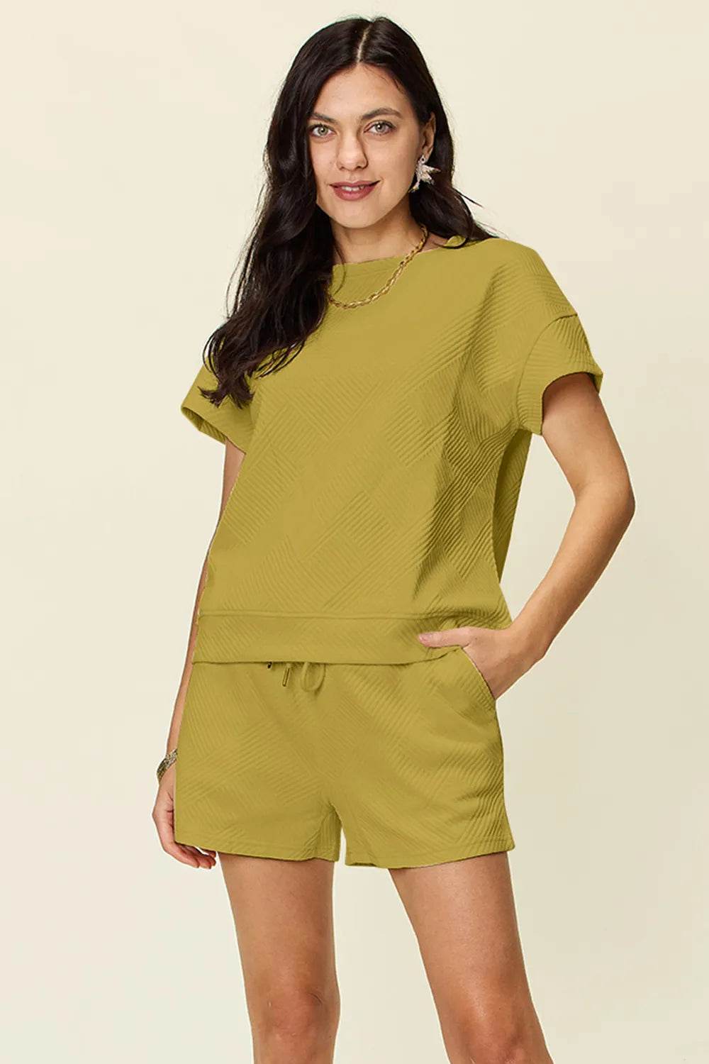 Double Take Full Size Texture Short Sleeve T-Shirt and Drawstring Shorts Set - Tredona LLC