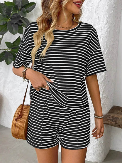 Striped Round Neck Short Sleeve Top and Shorts Set - Tredona LLC