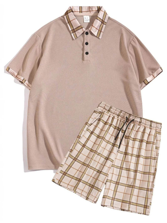 Men's Full Size Classic Plaid Collar Polo and Shorts Set Plus Size - Tredona LLC