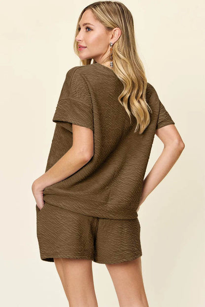 Double Take Full Size Texture Short Sleeve T-Shirt and Drawstring Shorts Set - Tredona LLC