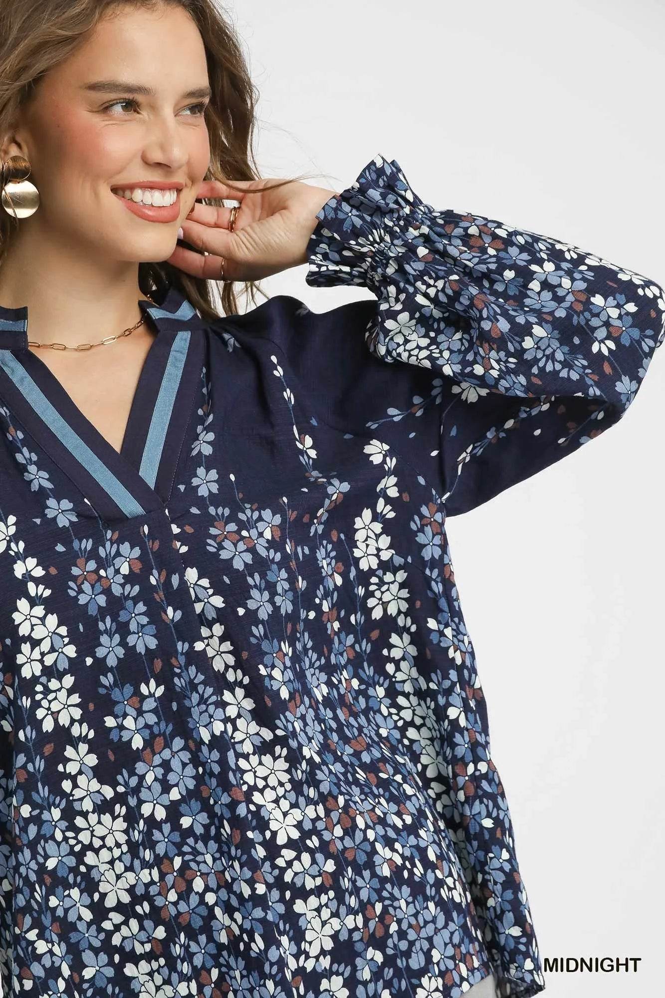 Umgee Full Size Floral Vine Print Blouse with Balloon Sleeves Plus Size - Tredona LLC