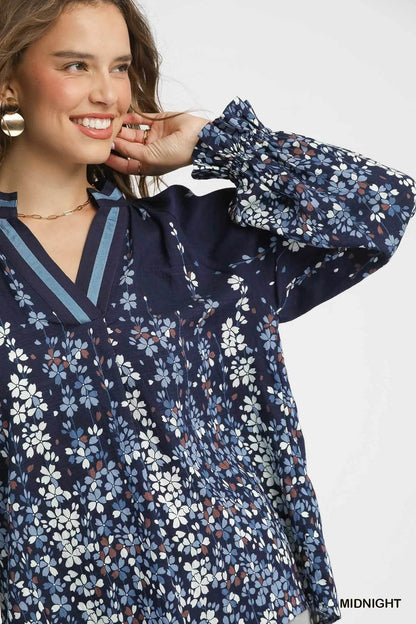 Umgee Full Size Floral Vine Print Blouse with Balloon Sleeves Plus Size - Tredona LLC