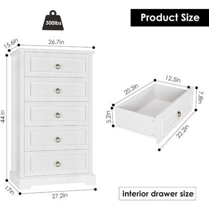 HOSTACK 5 Drawers Dresser for Bedroom, 44 Tall White Dresser with 5 Drawers, White Chest of Drawers with Storage, Modern Farmhou