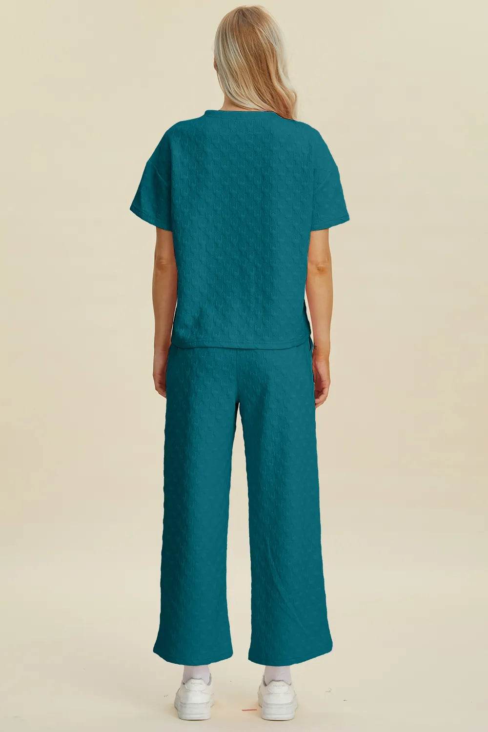 Double Take Full Size Texture Round Neck Short Sleeve Top and Pants Set - Tredona LLC