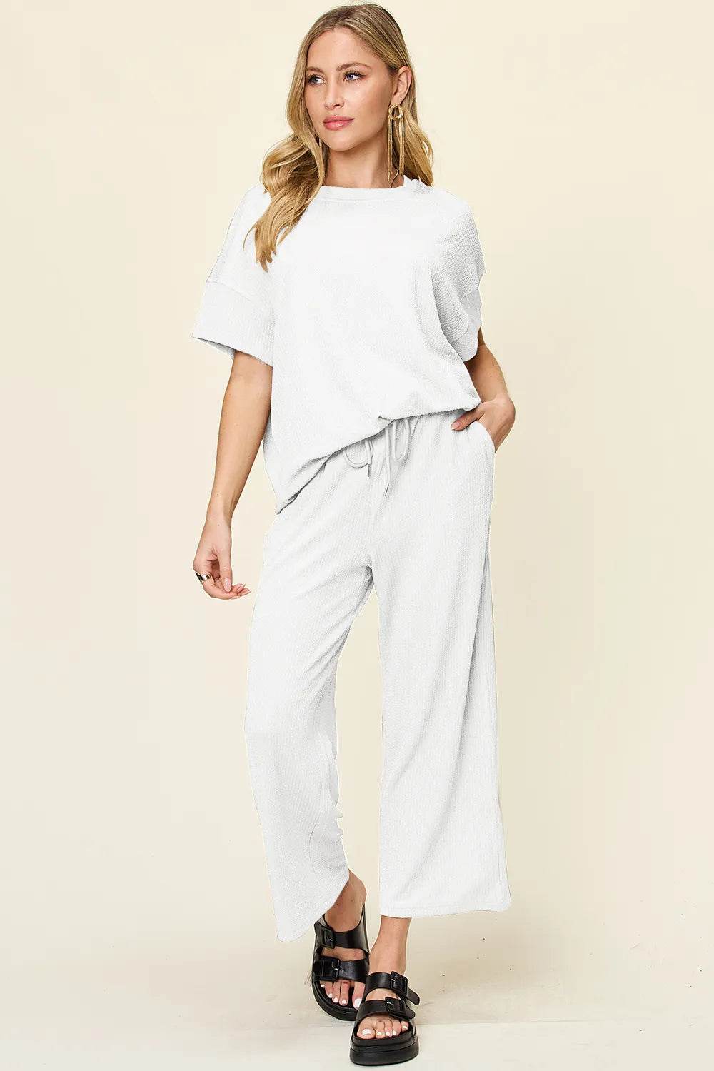 Double Take Full Size Texture Round Neck Short Sleeve T-Shirt and Wide Leg Pants - Tredona LLC