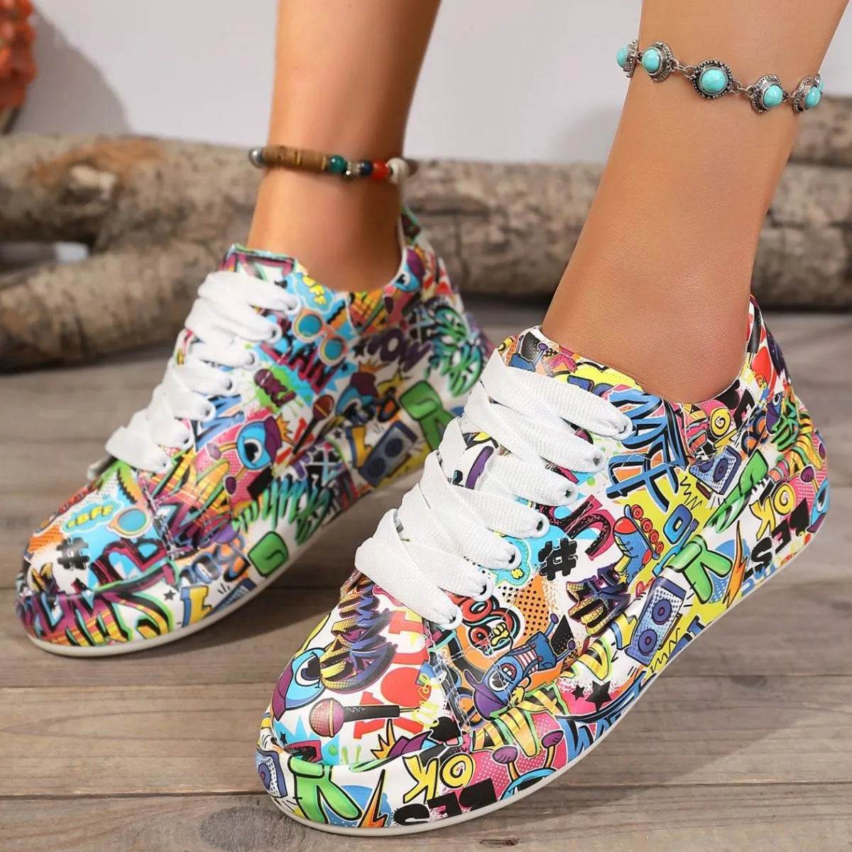 Abstract Print Lace Up Sneakers - Tredona LLC