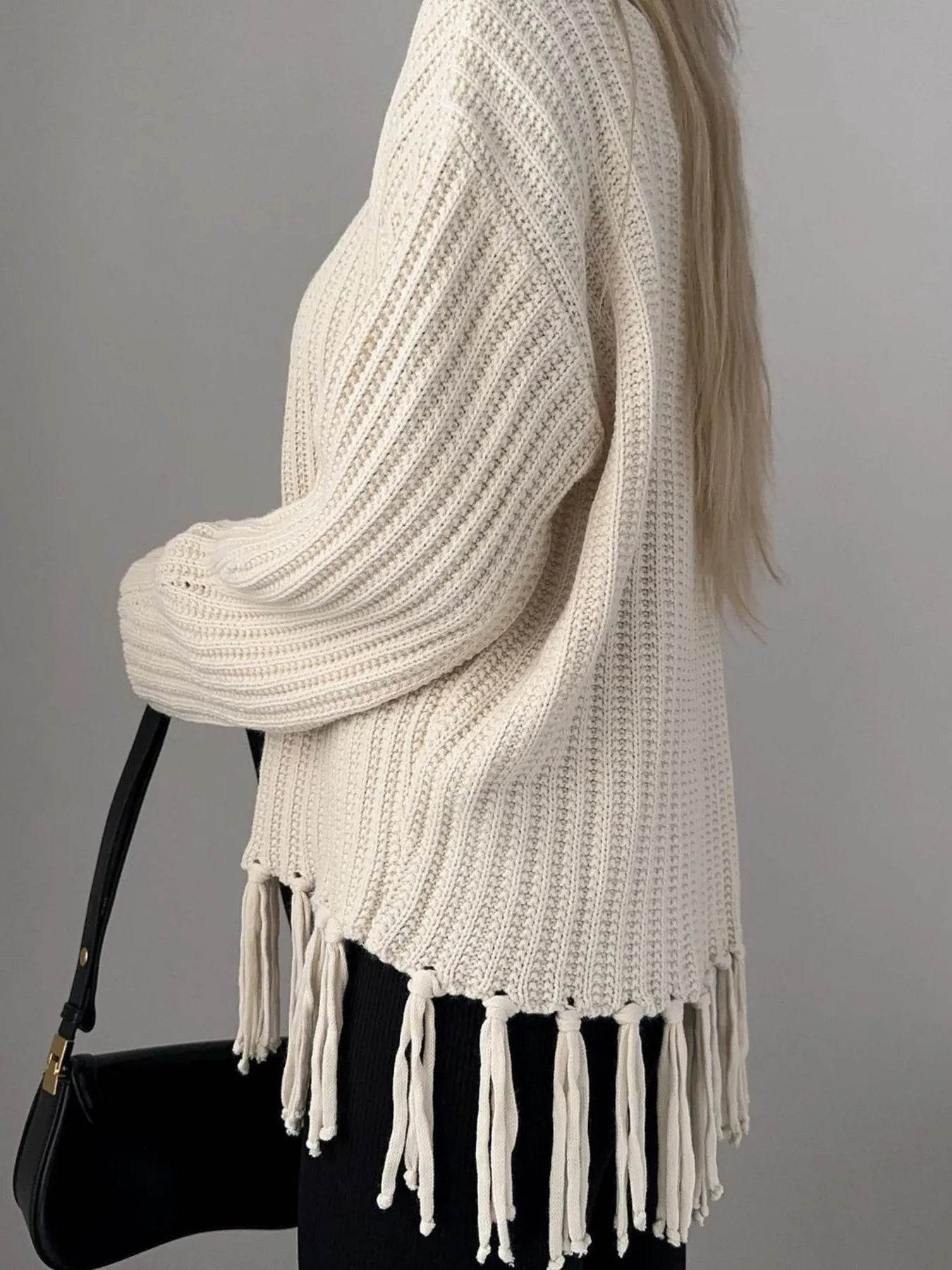 Fringe Round Neck Long Sleeve Sweater - Tredona LLC