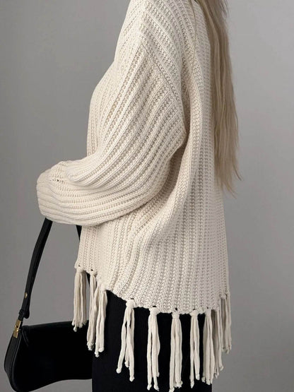 Fringe Round Neck Long Sleeve Sweater - Tredona LLC