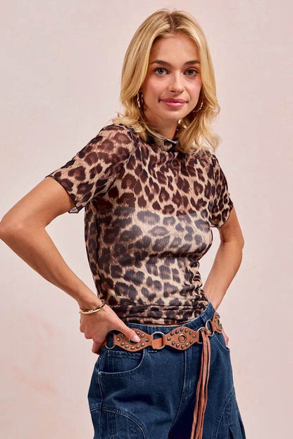 BiBi High Neck Leopard Mesh Short Sleeves Top - Tredona LLC