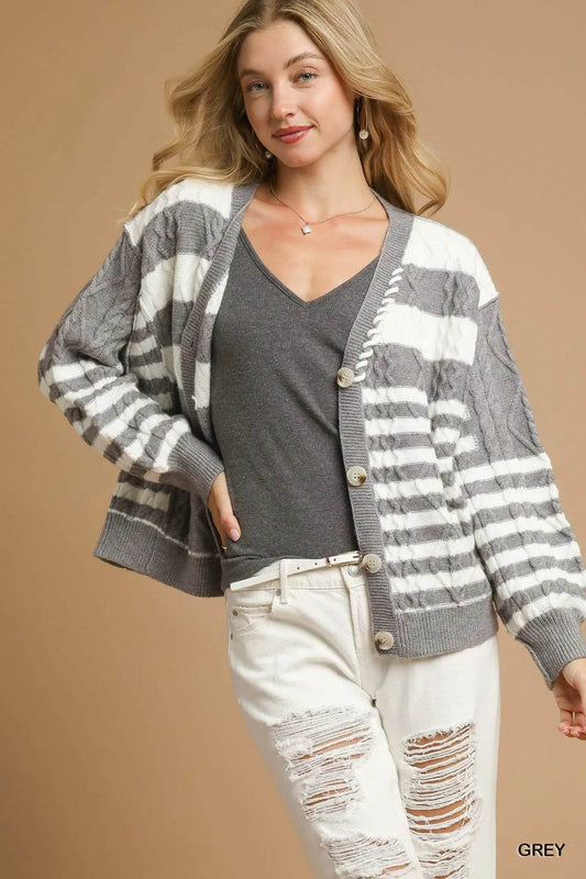 Umgee Cable-Knit Stripe Button-Up Cardigan - Tredona LLC