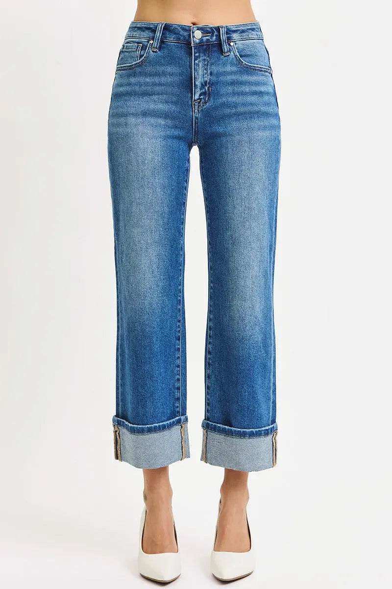 RISEN Full Size Mid Rise Crop Straight Cuffed Jeans Plus Size - Tredona LLC