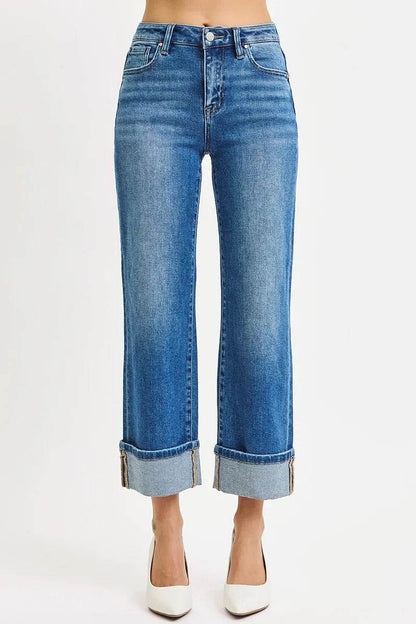 RISEN Full Size Mid Rise Crop Straight Cuffed Jeans Plus Size - Tredona LLC