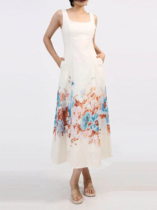 Cutout Back Printed Square Neck Dress - Tredona LLC