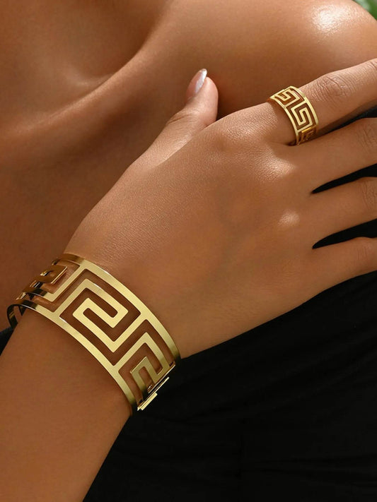 18K Gold-Plated Stainless Steel Geometric Bracelet and Ring Jewelry Set - Tredona LLC