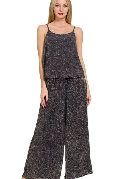 Zenana Woven Acid Crinkle Washed Cami & Pants 2 Piece Set - Tredona LLC
