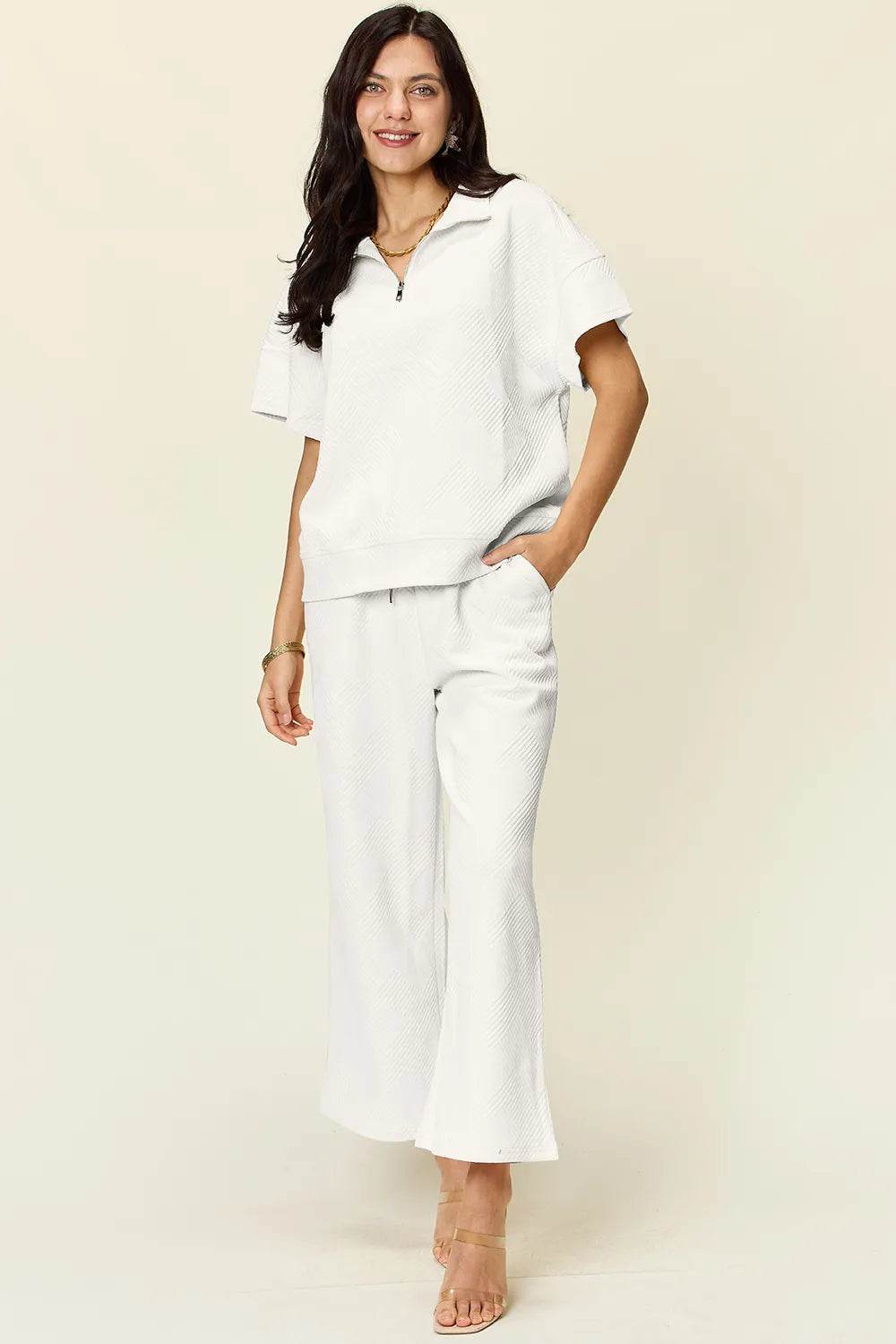Double Take Full Size Texture Half Zip Short Sleeve Top and Pants Set - Tredona LLC