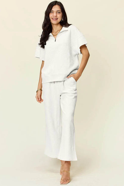 Double Take Full Size Texture Half Zip Short Sleeve Top and Pants Set - Tredona LLC