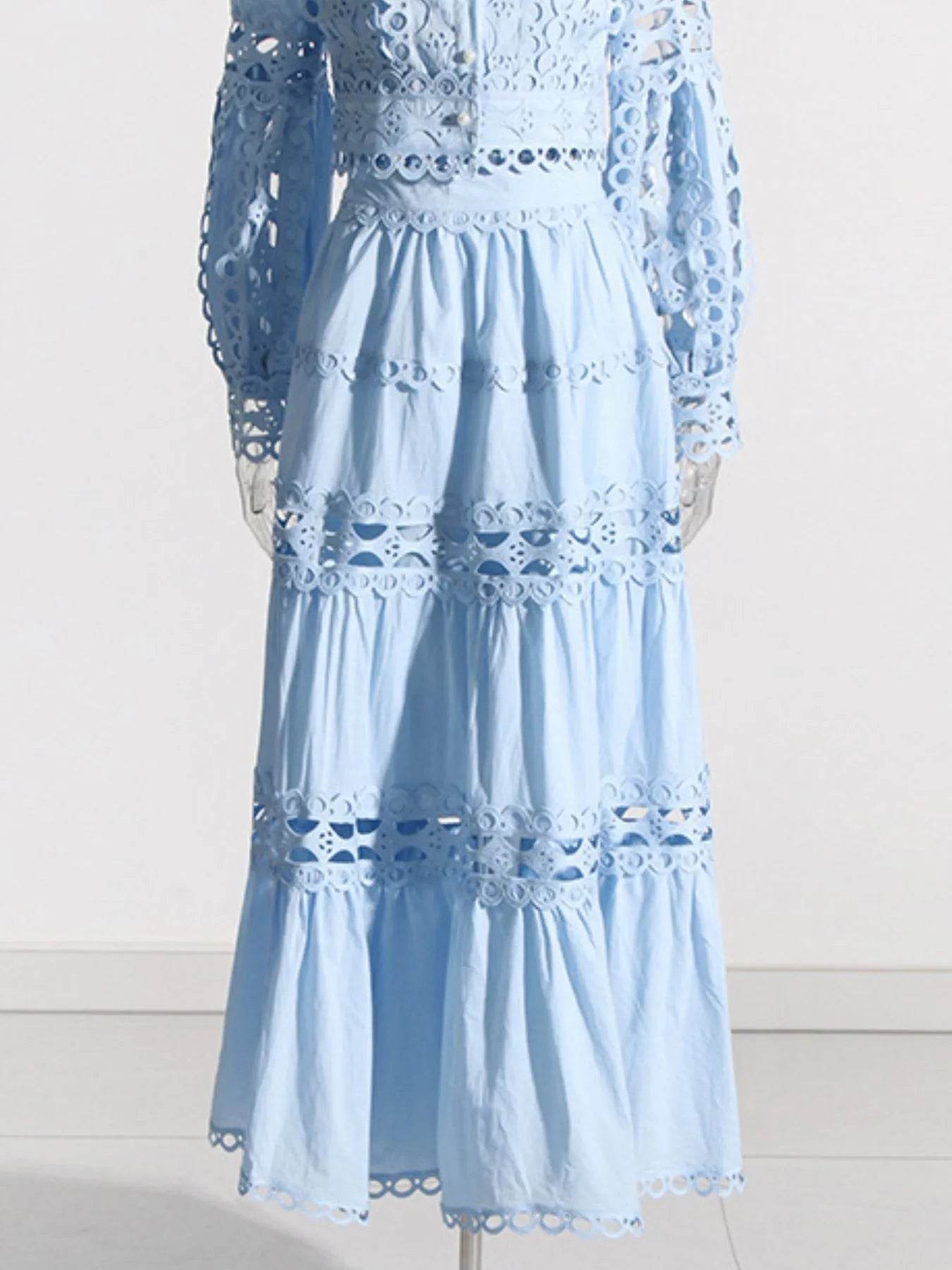 Lace Button Up Long Sleeve Top and Skirt Set - Tredona LLC