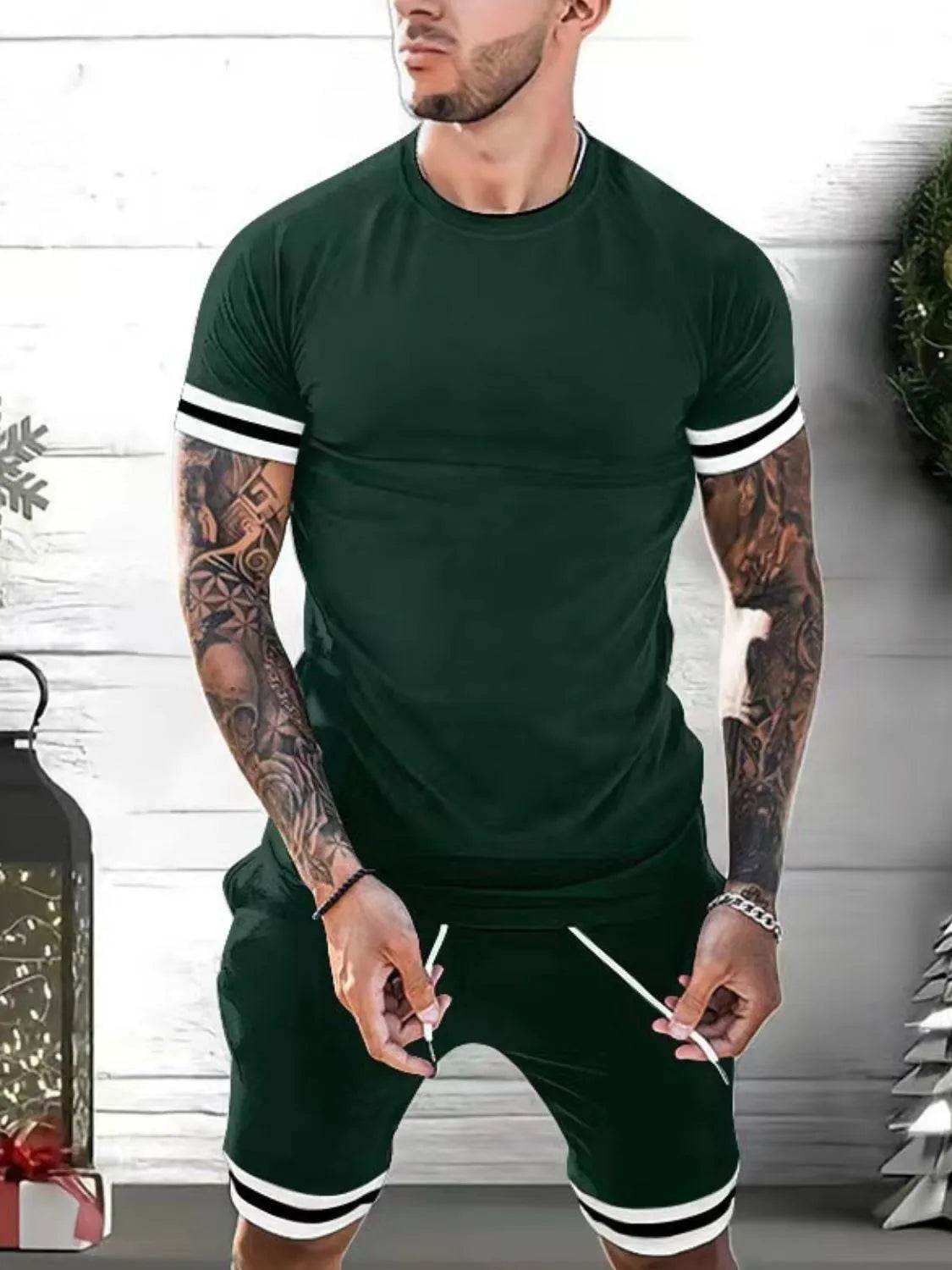 Men's Plus Size Round Neck Short Sleeve Top and Shorts Set - Tredona LLC
