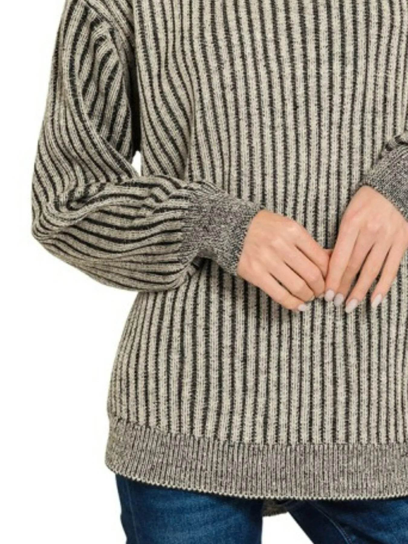 Zenana Curved Hem Two-Tone Ribbed Sweater - Tredona LLC