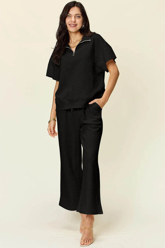 Double Take Full Size Texture Half Zip Short Sleeve Top and Pants Set - Tredona LLC