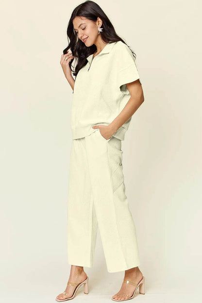 Double Take Full Size Texture Half Zip Short Sleeve Top and Pants Set - Tredona LLC