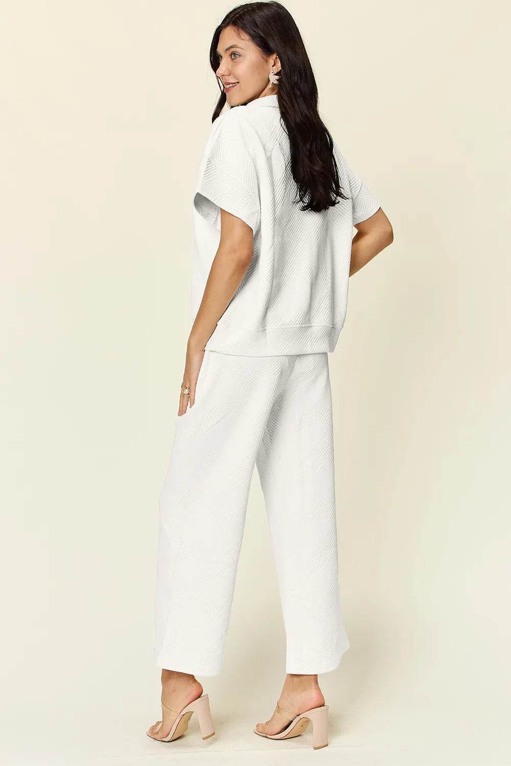 Double Take Full Size Texture Half Zip Short Sleeve Top and Pants Set - Tredona LLC