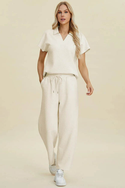 Double Take Full Size Collared Neck Short Sleeve Top and Pants Set - Tredona LLC