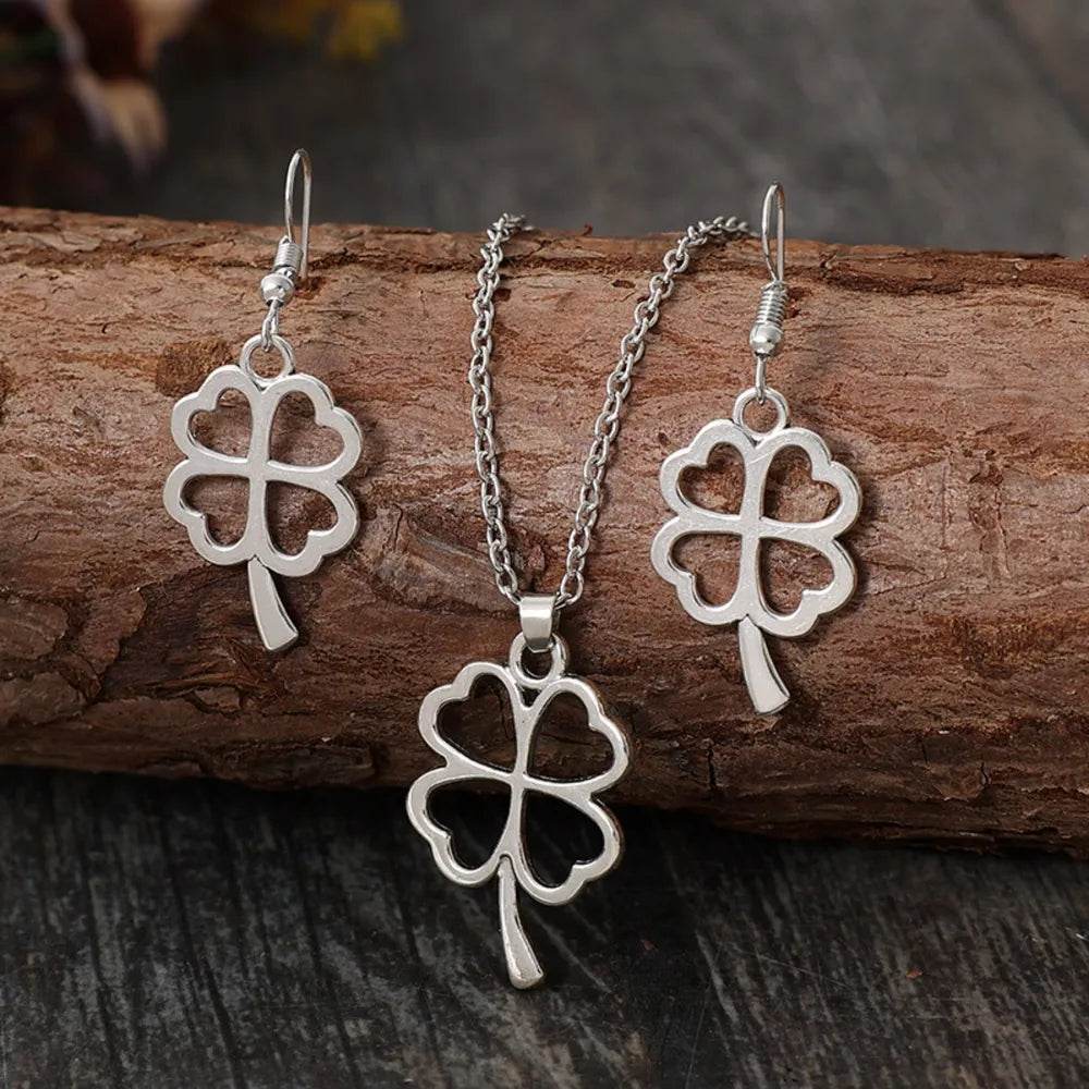 Lucky Clover Alloy Earrings and Necklace Jewelry Set - Tredona LLC