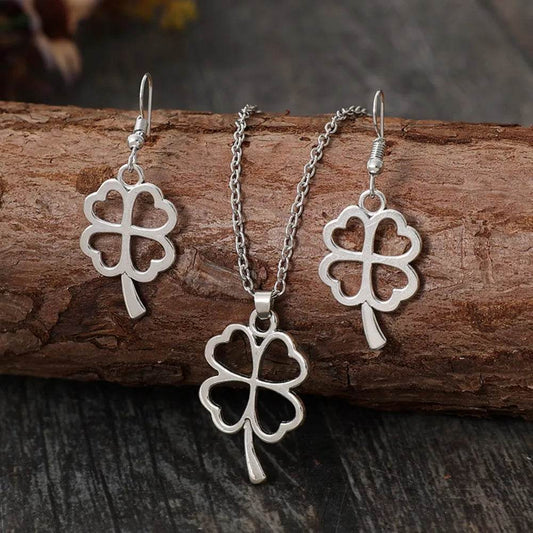 Lucky Clover Alloy Earrings and Necklace Jewelry Set - Tredona LLC