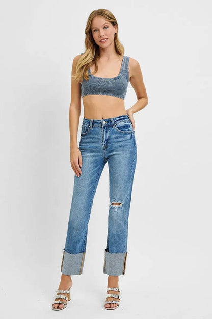 RISEN Full Size High Rise Ankle Straight Wide Cuffed Jeans Plus Size - Tredona LLC