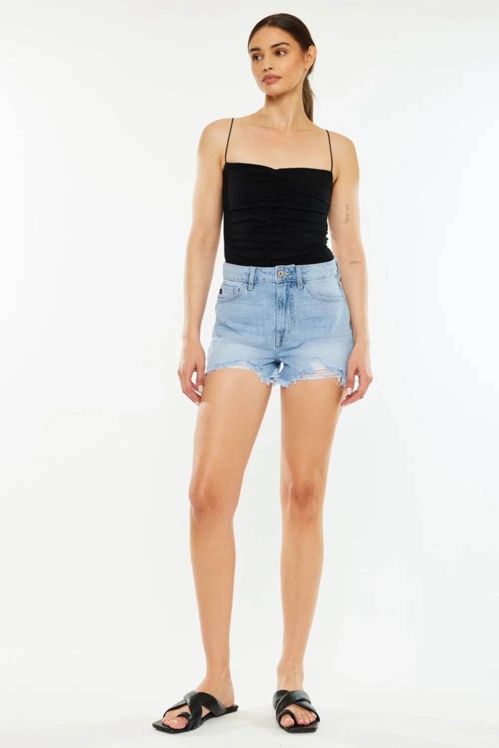 Kancan Raw Hem Distressed High Waist Denim Shorts - Tredona LLC