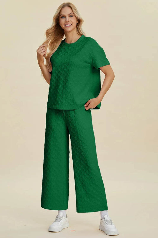Double Take Full Size Texture Round Neck Short Sleeve Top and Pants Set - Tredona LLC