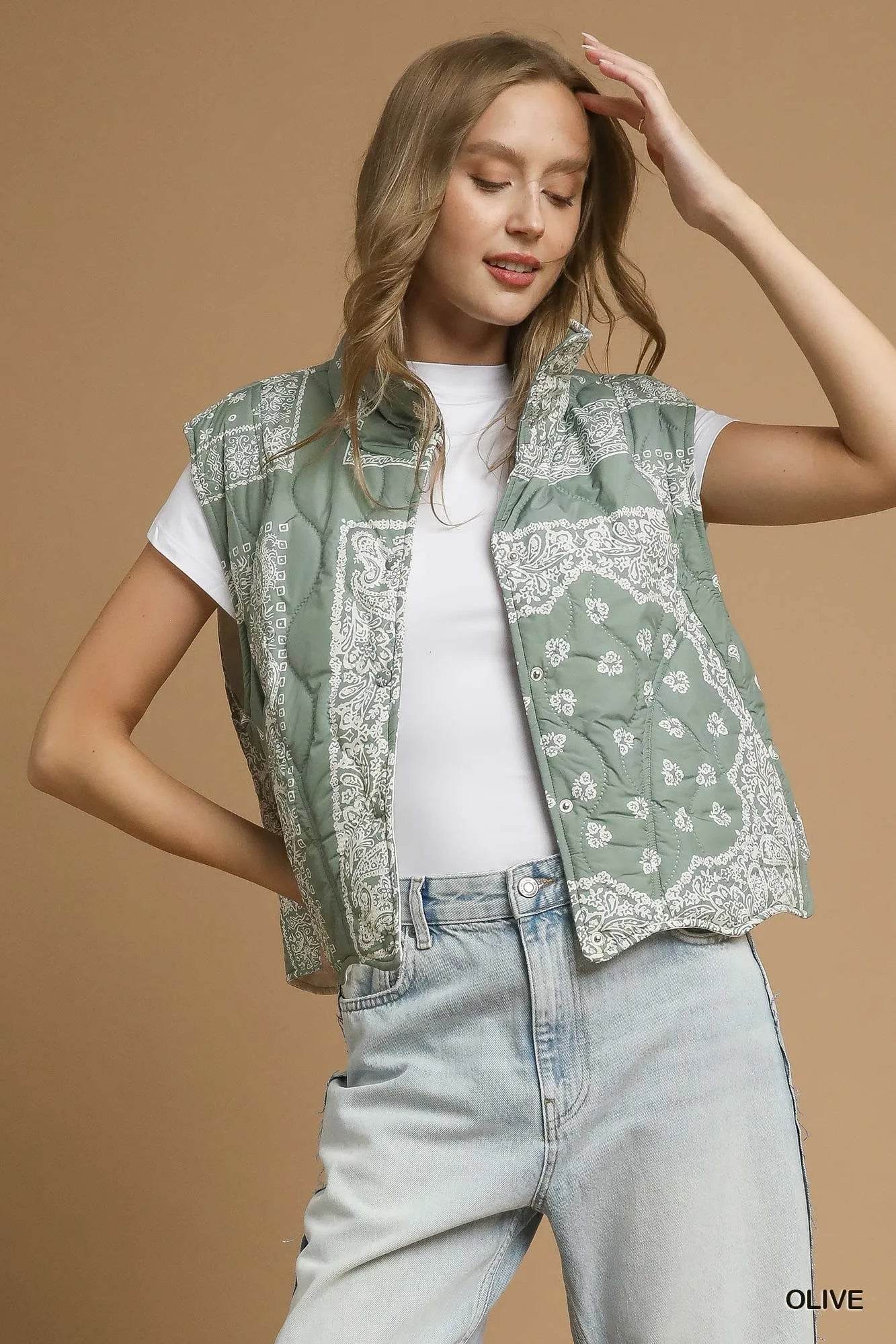 Umgee Bandana Print Quilted Puffer Vest - Tredona LLC