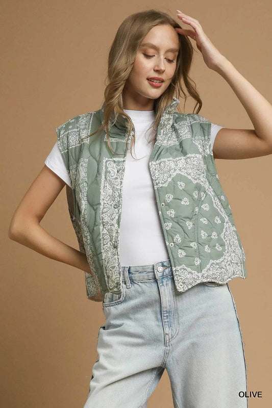 Umgee Bandana Print Quilted Puffer Vest - Tredona LLC