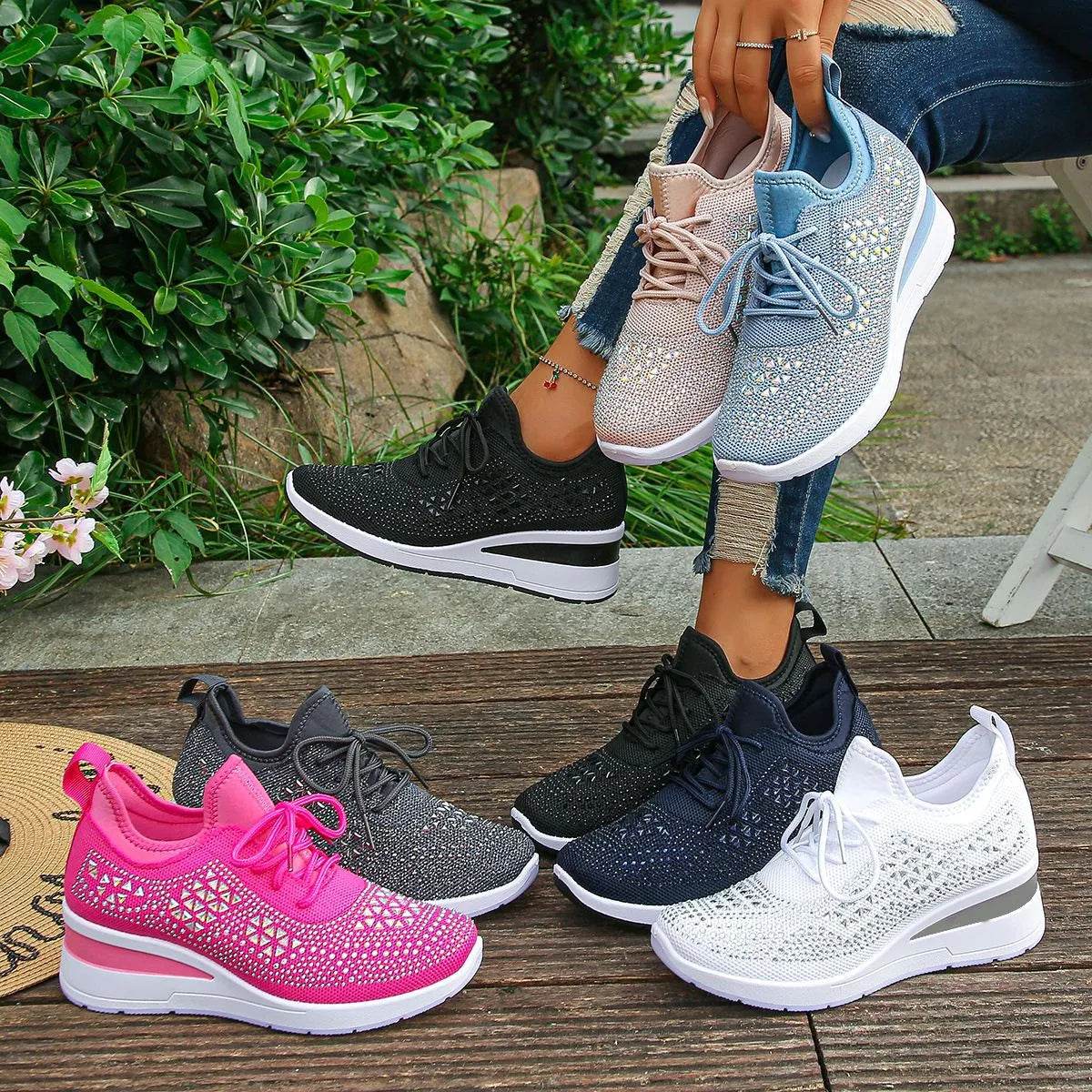 Breathable Mesh Rhinestone Wedge Athletic Sneakers - Tredona LLC
