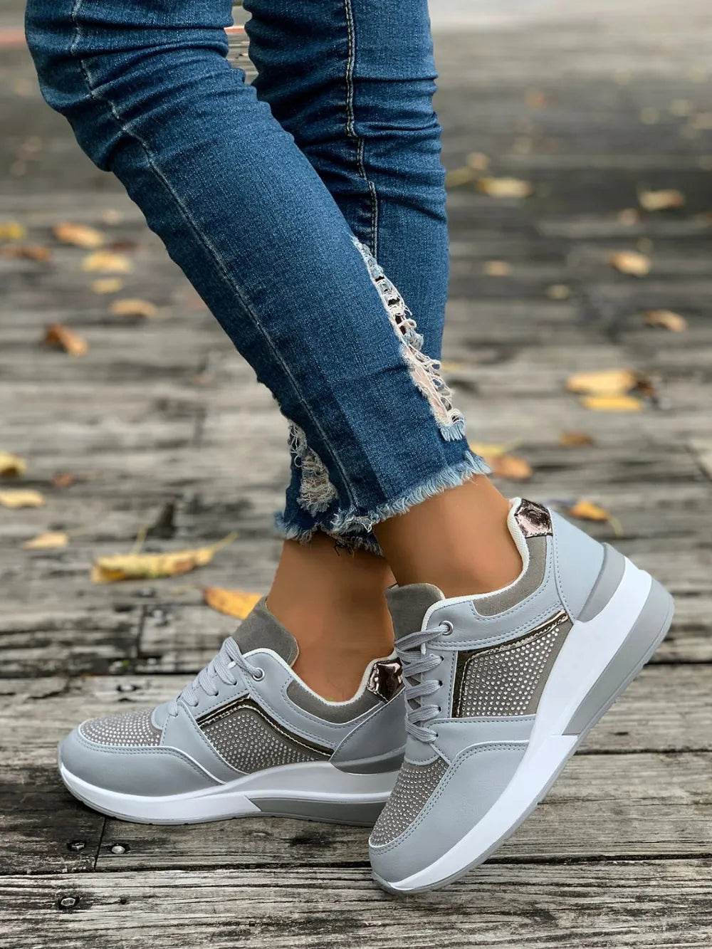 Lace-Up Rhinestone Wedge Sneakers - Tredona LLC