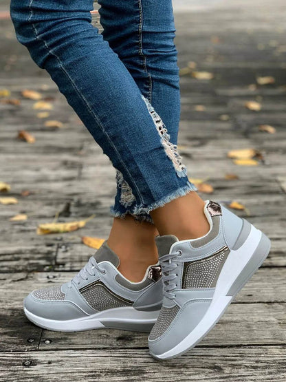 Lace-Up Rhinestone Wedge Sneakers - Tredona LLC