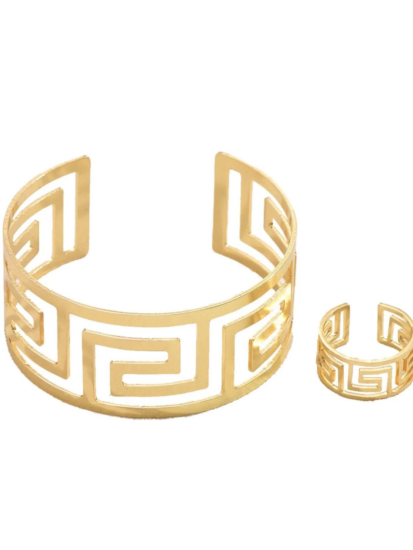 18K Gold-Plated Stainless Steel Geometric Bracelet and Ring Jewelry Set - Tredona LLC
