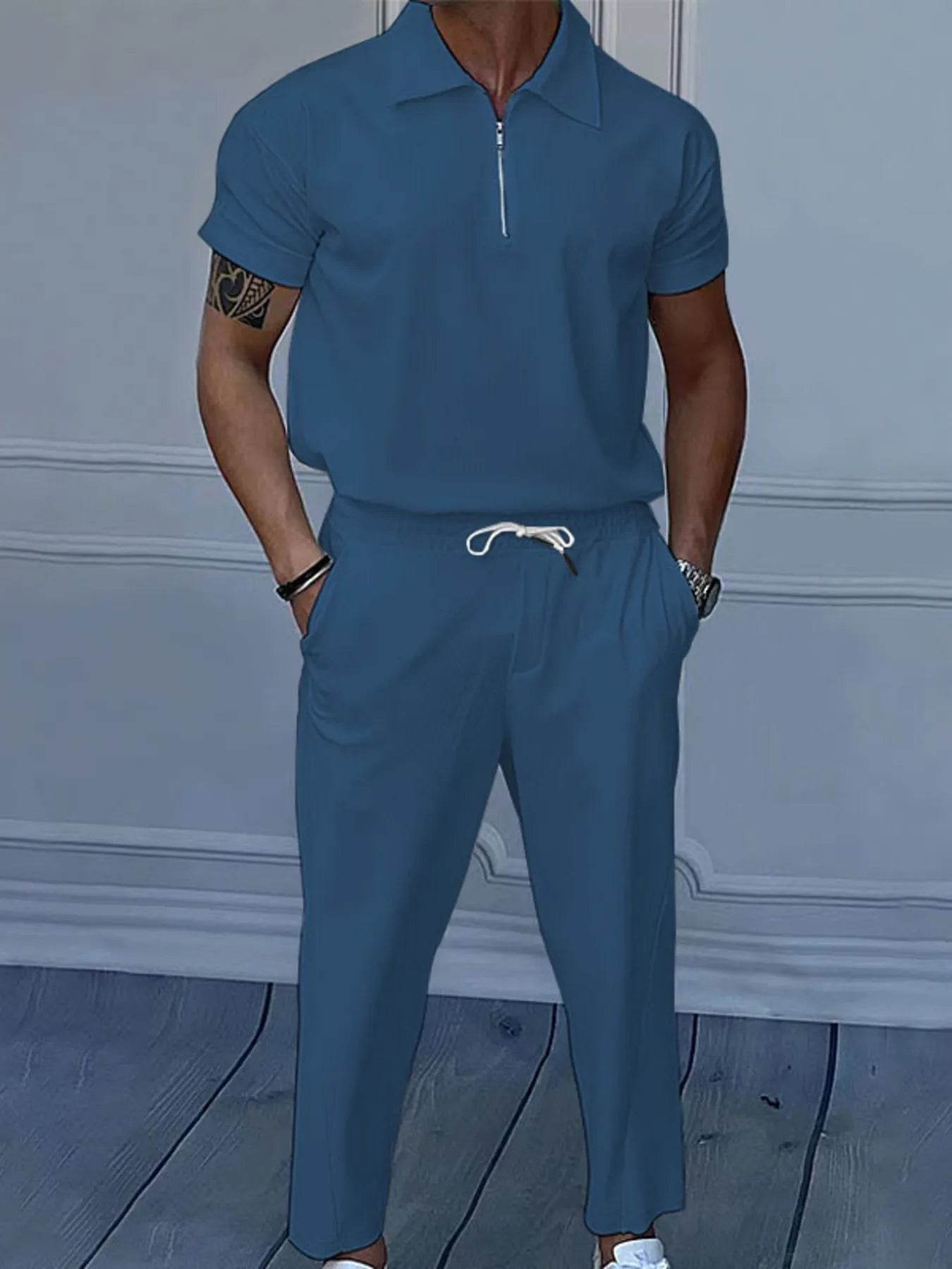 Men's Full Size Quarter Zip Short Sleeve Polo and Pants Set Plus Size - Tredona LLC