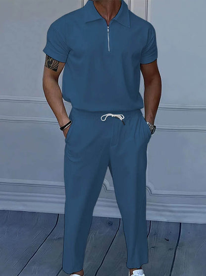 Men's Full Size Quarter Zip Short Sleeve Polo and Pants Set Plus Size - Tredona LLC