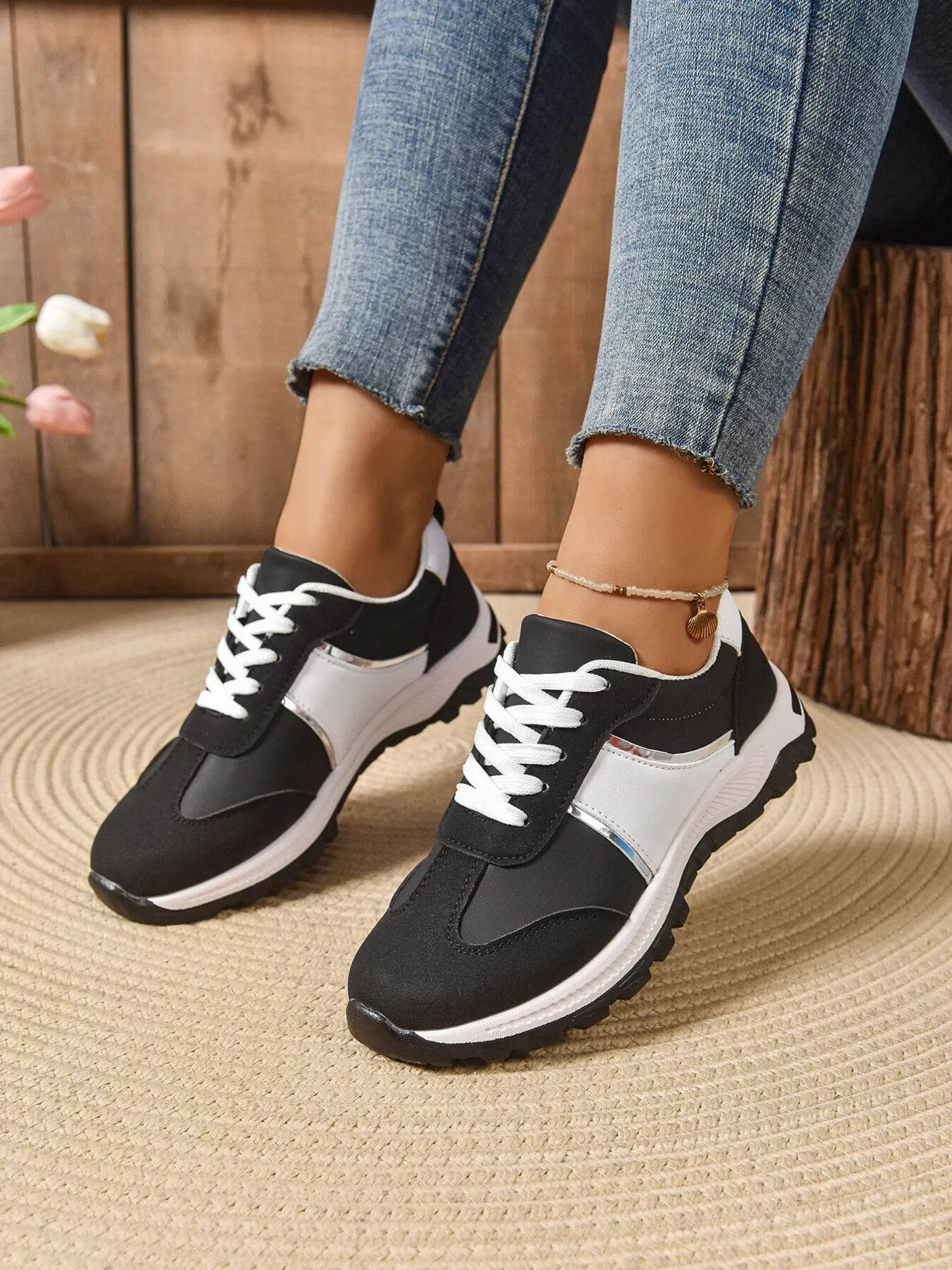 Contrast Lace Up Sneakers - Tredona LLC