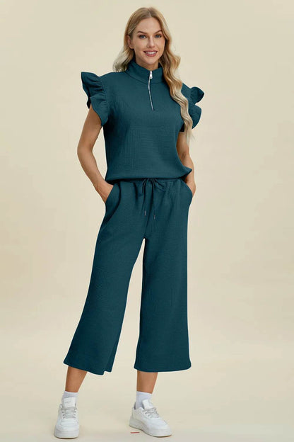 Double Take Full Size Texture Ruffle Short Sleeve Top and Wide Leg Pants Set - Tredona LLC