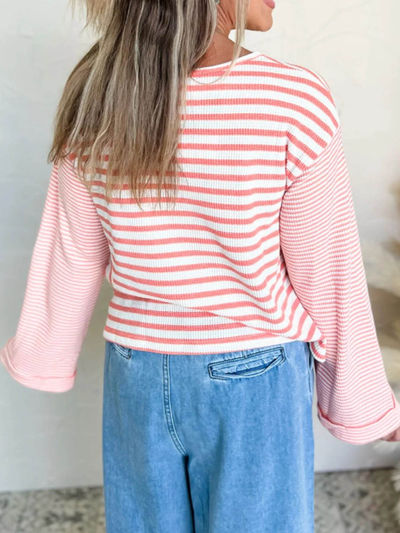 Striped Long Sleeve Ribbed Blouse - Tredona LLC