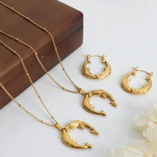 Gold Dolphin Jewelry Set with Necklace and Earrings - Tredona LLC