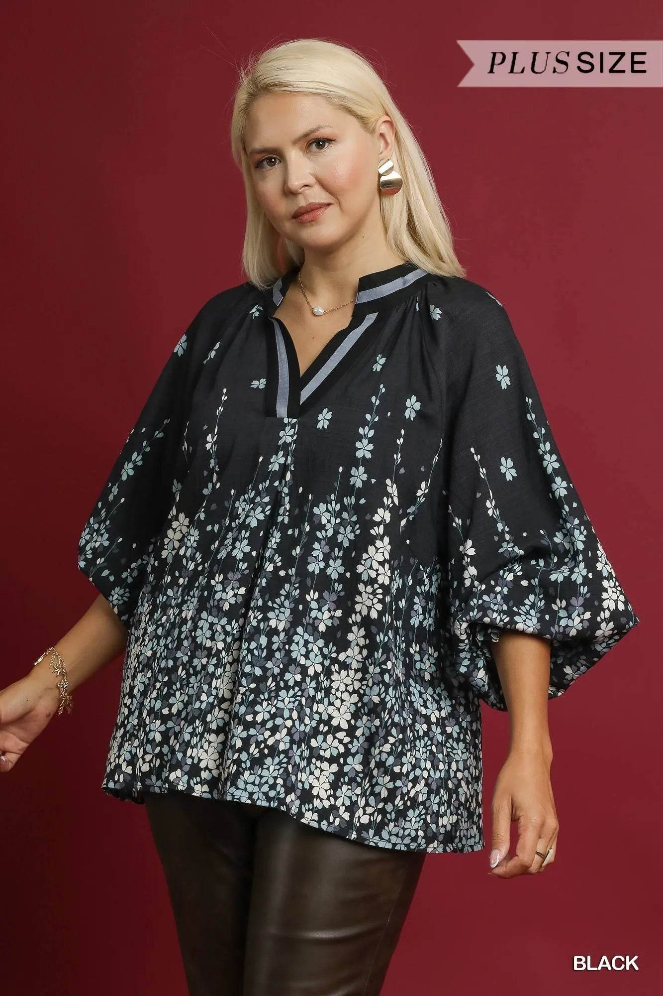 Umgee Full Size Floral Vine Print Blouse with Balloon Sleeves Plus Size - Tredona LLC