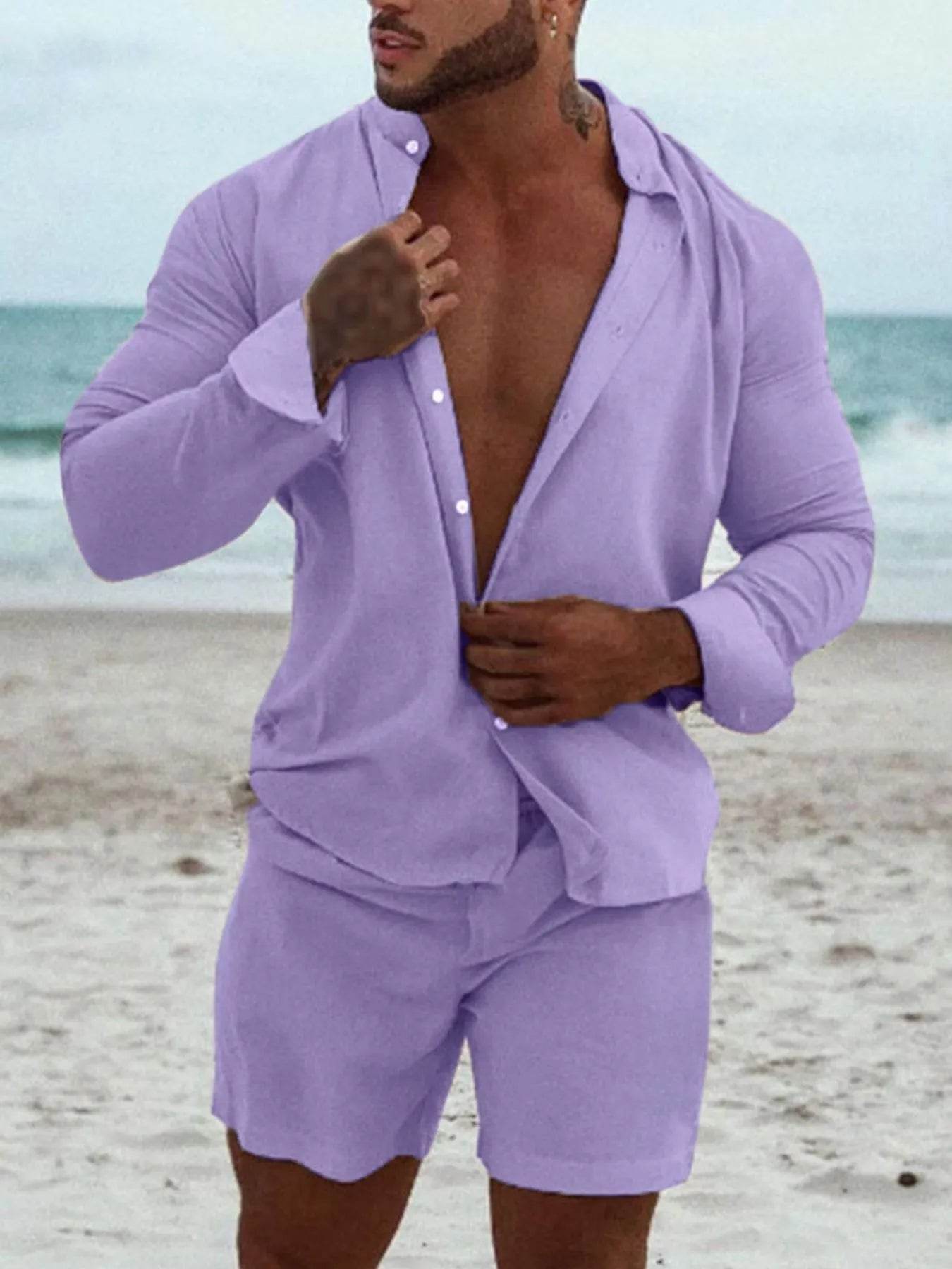 Men's Full Size Button Up Long Sleeve Shirt and Shorts Set Plus Size - Tredona LLC