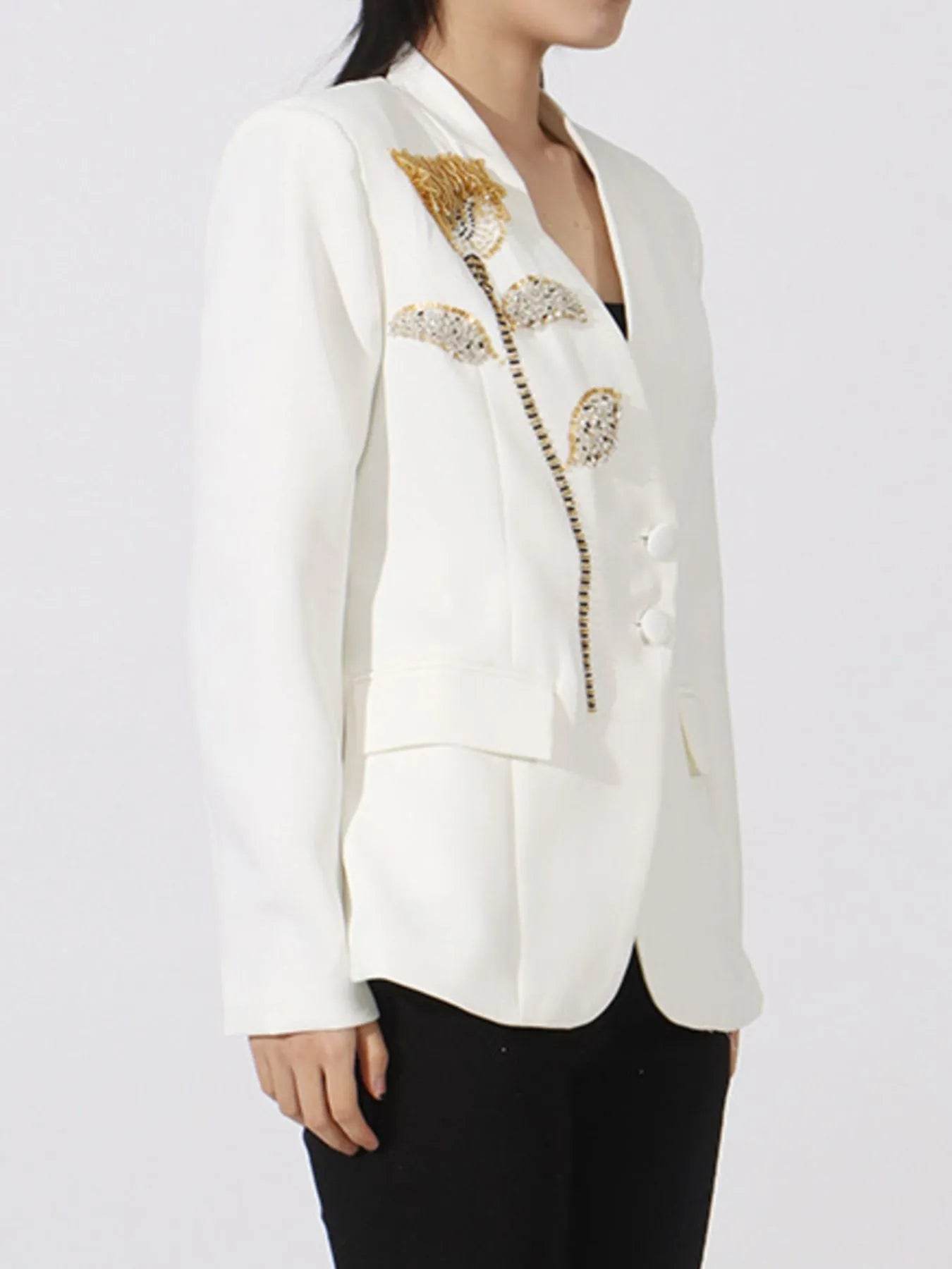 Flower Button Front Long Sleeve Blazer - Tredona LLC