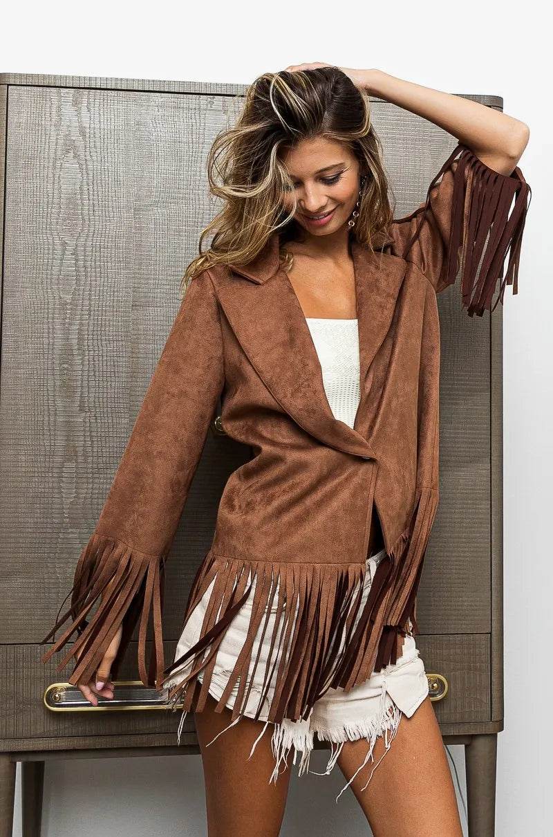 BiBi Single Blazer with Fringed Hem - Tredona LLC