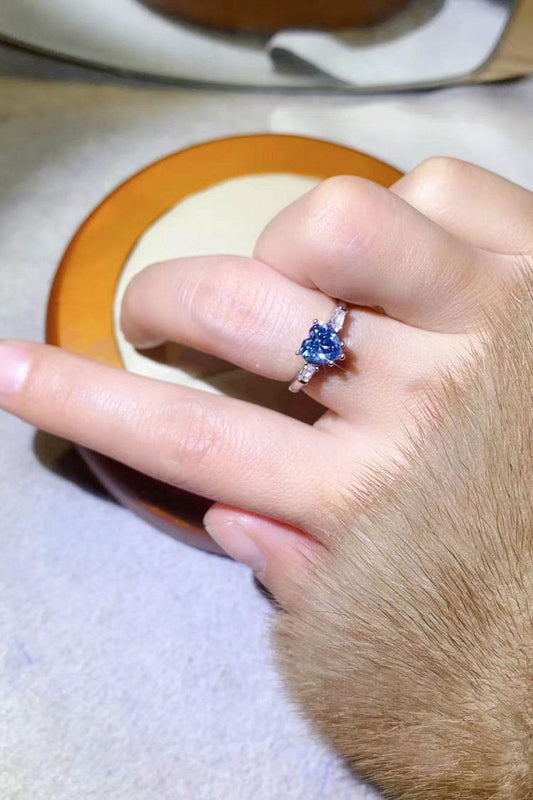 1 Carat Moissanite Heart-Shaped Platinum-Plated Ring in Blue - Tredona LLC